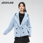 2折特卖款jessyline杰茜，莱女时尚蓝色，纯羊羔毛绒外套小个子皮草