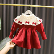 1-5岁女宝宝毛衣蝴蝶结，连衣裙女童冬装3红色，圣诞新年装公主裙