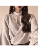 GRL春季女日系甜美蕾丝领显瘦落肩袖纯欲针织衫假两件毛衣