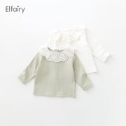 elfairy女童t恤长袖宝宝，打底衫女婴儿秋装，儿童花边领上衣纯棉秋季