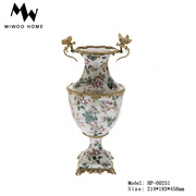 欧美式中国风蜻蜓花瓶手绘花鸟陶瓷配铜花器客厅花艺家居软装饰品