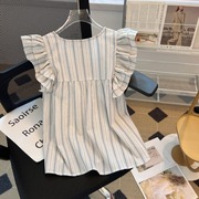 小飞袖雪纺衬衫女2023夏季条纹荷叶边设计感小众独特无袖上衣