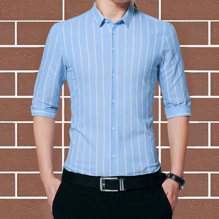 浅蓝色衬衫男七分袖条纹夏季薄款修身衫衣短袖休闲中袖7分袖衬衣