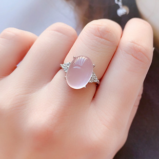 天然粉水晶戒指指环女芙蓉石925纯银镶嵌个鸽子蛋大气指环开口戒