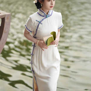 新中式素雅禅意白色短袖旗袍，2024夏季复古国风，改良日常穿气质长裙