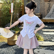 女童套装夏装2024儿童，中国风短袖t恤女孩，新中式马面裙两件套