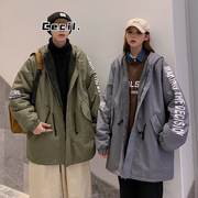 冬季棉衣男韩版潮流宽松情侣装，羊羔绒棉服连帽外套，加绒棉袄子