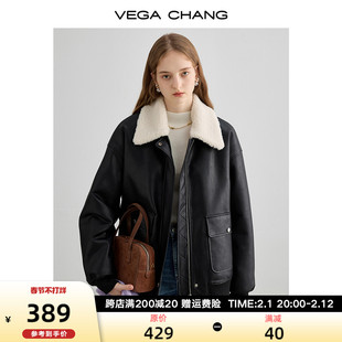 vegachang加绒短外套女2023年冬设计感翻领机车风黑色绒大衣