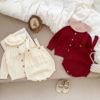 婴儿套装春秋女宝宝毛线上衣手工，勾泡泡球，背带哈衣针织外套两件套