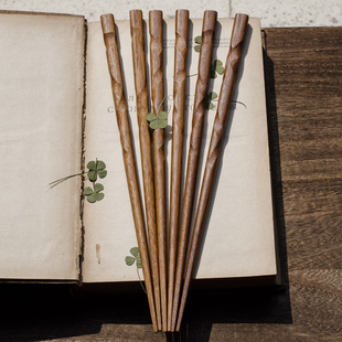复古ins日式寿司刺身尖头筷/螺纹浮雕印尼铁木筷子无漆无蜡可机洗