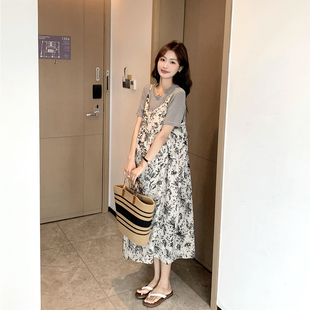 时髦洋气~孕妇装夏季时尚，韩国吊带碎花显瘦雪纺连衣裙两件套辣妈