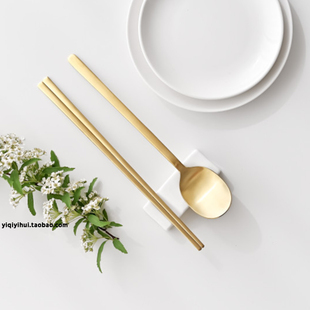 韩国进口汤勺smf金色不锈钢韩式扁筷子勺子套装餐具高档简约礼盒