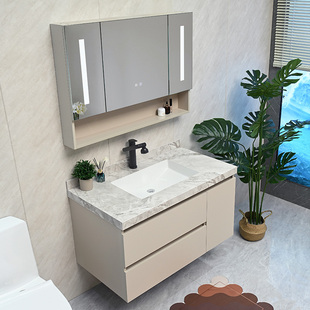 浴室柜卫生间洗脸手漱台盆柜，组合镜柜定制岩板陶瓷，无缝拼接奶油灰