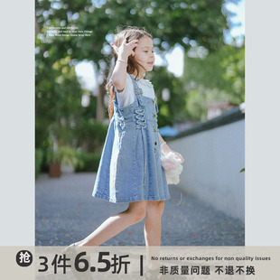 史豌豆(史豌豆)女童复古收腰设计牛仔背带裙，2023夏季儿童洋气时髦裙子