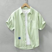 夏季薄款纯棉短袖衬衫男士时尚潮流青年绿色衬衣简约休闲半袖上衣