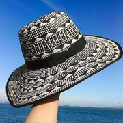 黑白几何拼接遮阳防晒度假出游沙滩帽女士夏季大檐草帽太阳帽