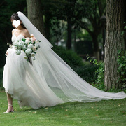 极速头纱新娘主婚纱2024双层头3米长齐地白色长拖尾配饰带发