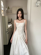 新中式刺绣棉质长款露背吊带度假连衣裙