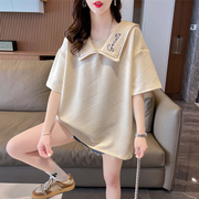 娃娃领短袖t恤女夏装，韩版宽松大码中长款华夫格小众设计感上衣服