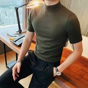 男士短袖针织t恤ins简约纯色，半袖体恤男半高领，打底弹力紧身小衫潮