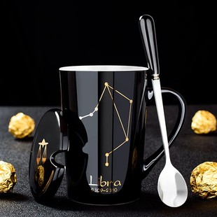 创意杯子陶瓷马克杯带盖勺情侣，水杯男生咖啡杯，家用茶杯办公室女生