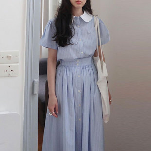 韩国chic夏季简约翻领宽松短袖，条纹衬衫+高腰，单排扣长款半身裙女