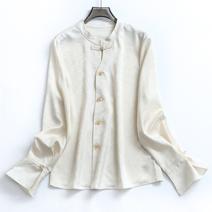 米白色提花立领盘扣，新中式国风宽松显瘦长袖年轻款女衬衫n654