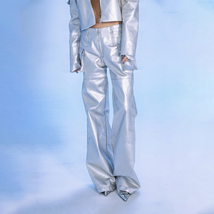 DIET GRRRL2024FW金属银色未来高级感pu皮裤中高腰阔腿裤