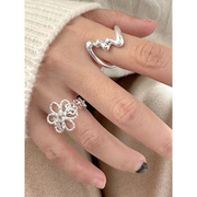 Nior.9S925纯银雏菊花瓣开口戒指女 小众设计感液态线条食指指环