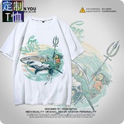 手绘卡通鲨鱼印花男学生短袖，t恤潮牌，青少年男体恤t-shirt2021