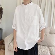 中式亚麻七分袖衬衫短袖夏季设计感外套潮牌痞帅男款日系白色衬衣