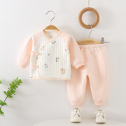 新生儿保暖套装0-3月宝宝纯棉内衣系带薄棉秋冬季两件套打底衣厚