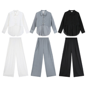 中式拼接假两件长袖雪纺，衬衫灰色型高腰休闲裤套装