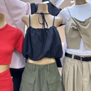 韩国东大门2024夏季韩系洋气系带灯笼纯色吊带背心女美式上衣
