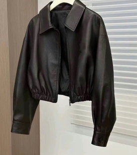 高档欧货绵羊皮2024春季小众设计感黑色方领皮夹克真皮短外套
