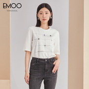 emoo杨门镶钻白色，短袖圆领t恤女夏季时尚休闲宽松上衣