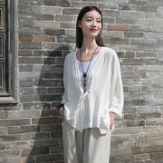 佛系外套春季复古中国风禅意带口袋t恤棉麻料古风上衣汉元素女装