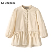 拉夏贝尔/La Chapelle秋季灯笼袖立领衬衫女休闲宽松娃娃衫上衣
