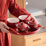 结婚敬茶杯茶具套装改口茶杯盖碗喜碗筷，红对碗婚礼用品大全喜杯