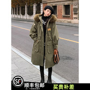 军绿色工装派克棉服女2023韩版收腰中长款冬季加绒棉袄厚外套