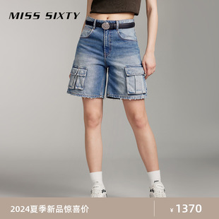 Miss Sixty2024夏季牛仔短裤女复古工装风口袋破洞高腰显瘦