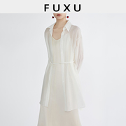 芙蕖fuxu天丝衬衫，女轻薄透视防晒开衫缎面吊带裙两件套装连衣裙