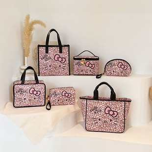 hellokitty粉色豹纹手提袋，化妆包女防水便携旅行化妆品，洗漱收纳包