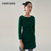 香莎chansharr复古气质，墨绿羊毛针织，圆领连衣裙修身显瘦短裙