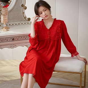 红色睡裙女士睡衣秋天丝光棉长袖，春秋季精美花边，女款家居服中裙子