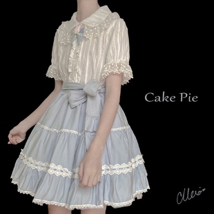 娃娃领蕾丝荷叶边泡泡，袖短袖衬衫+蛋糕，派蝴蝶结蛋糕蕾丝花边裙
