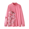 中国龙图案(龙图案)刺绣，长袖卫衣女2024年春季休闲宽松粉红色纯棉上衣