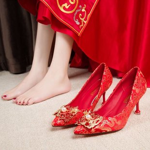 秀禾服婚鞋女2022结婚鞋子新娘红鞋龙凤，扣高跟鞋婚礼鞋绣花鞋