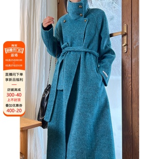 新年战袍款蓝色经典立领双面绒大衣女高端时尚系带长款羊毛呢外套