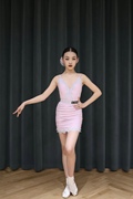 sswang舞服少儿拉丁舞夏季粉紫色，蕾丝吊带甜美绣球头花包臀练习服